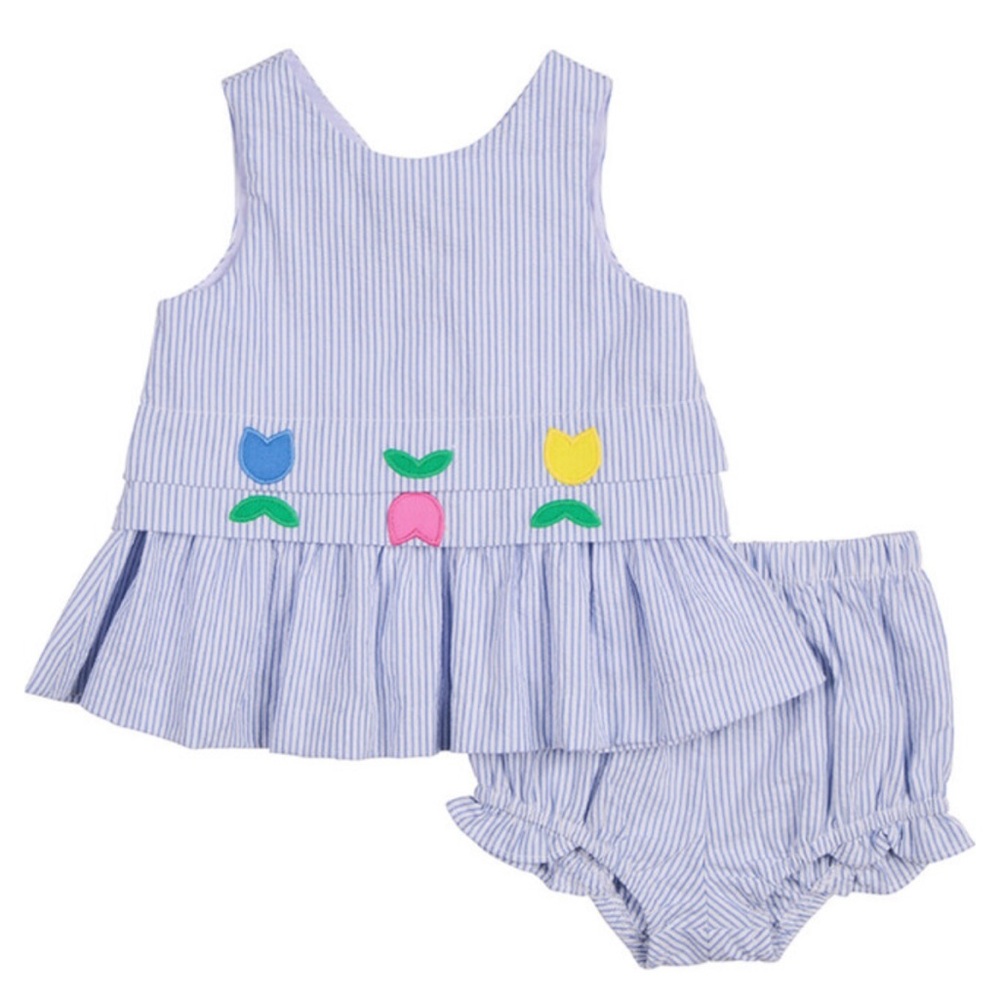 Florence Eiseman Seersucker Dress with Tulips Bloomer Set Spring Baby 12m